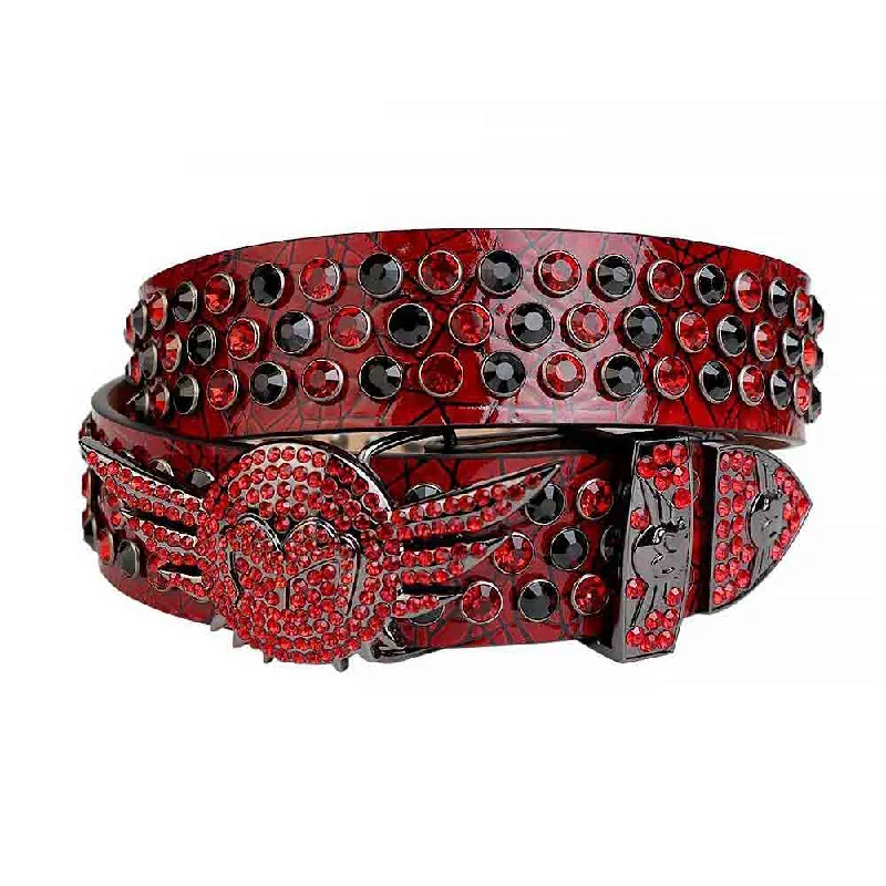 Rhinestone Red Belt And Black & Red stones Dark Grey Angel Wings Shaped Buckle studded With Red & Black Rhinestones