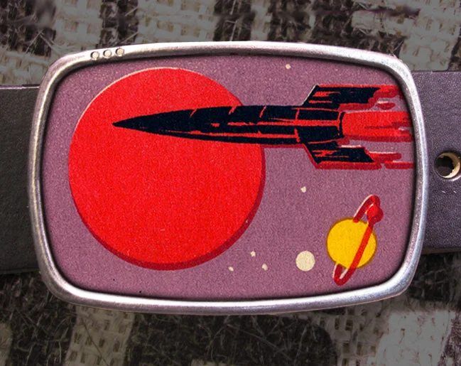 Sci Fi Spaceship Buckle - Vintage Print with Mars and Jupiter Purple Red Sun Skyline - Space Enthusiast Gift