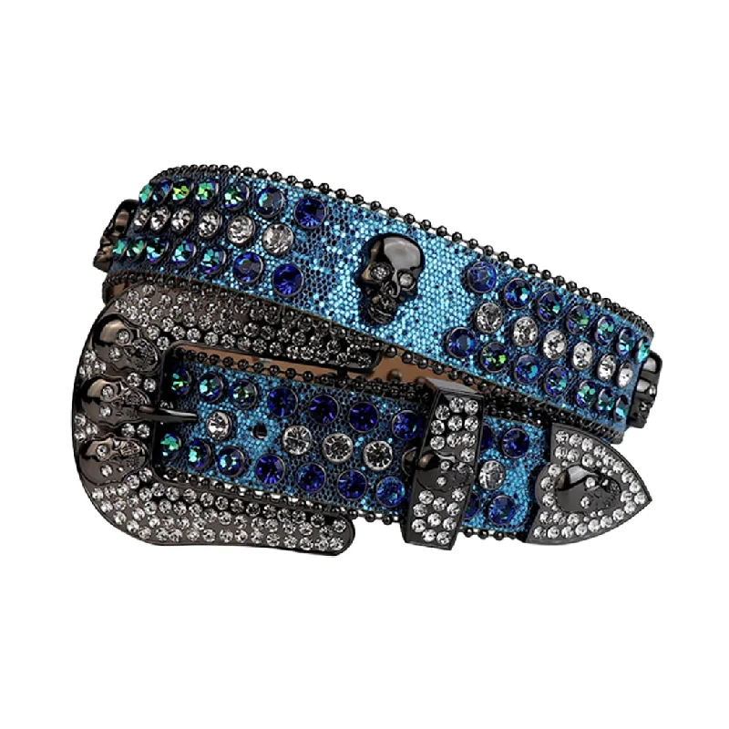 Shiny Blue Strap Skull Buckle With Blue & Crystal Studded Rhinestone Belt