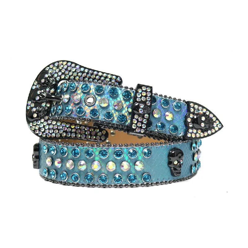 Shiny Skull Blue Strap With Blue & Multi Rhinestone Belt