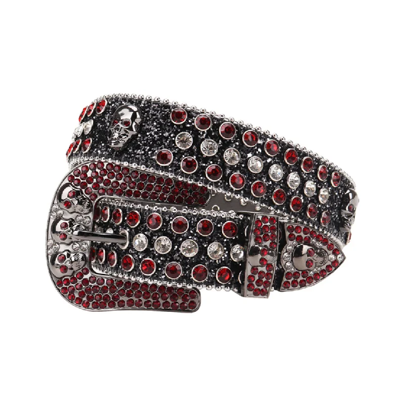 Skull Black Strap With Red & Silver Rhinestone Belt