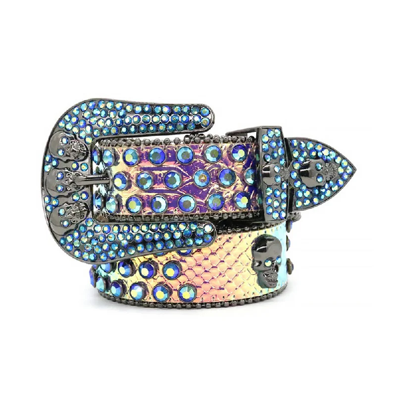 Skull Blue Rhinestone Belt With Blue & Multi Stones