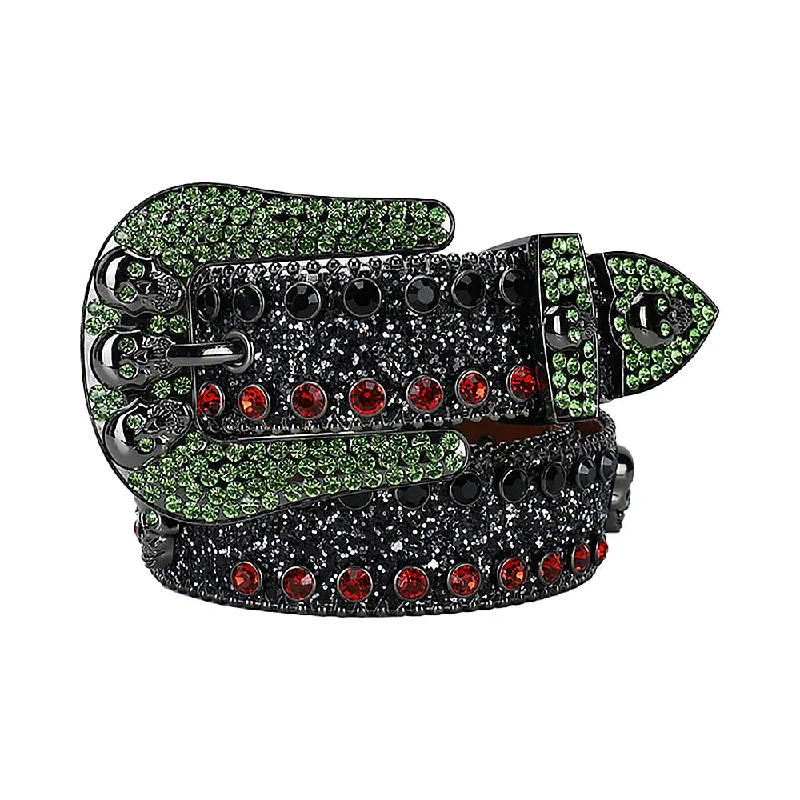 Skull Buckle Black Belt With Black & Red Shiny Stones