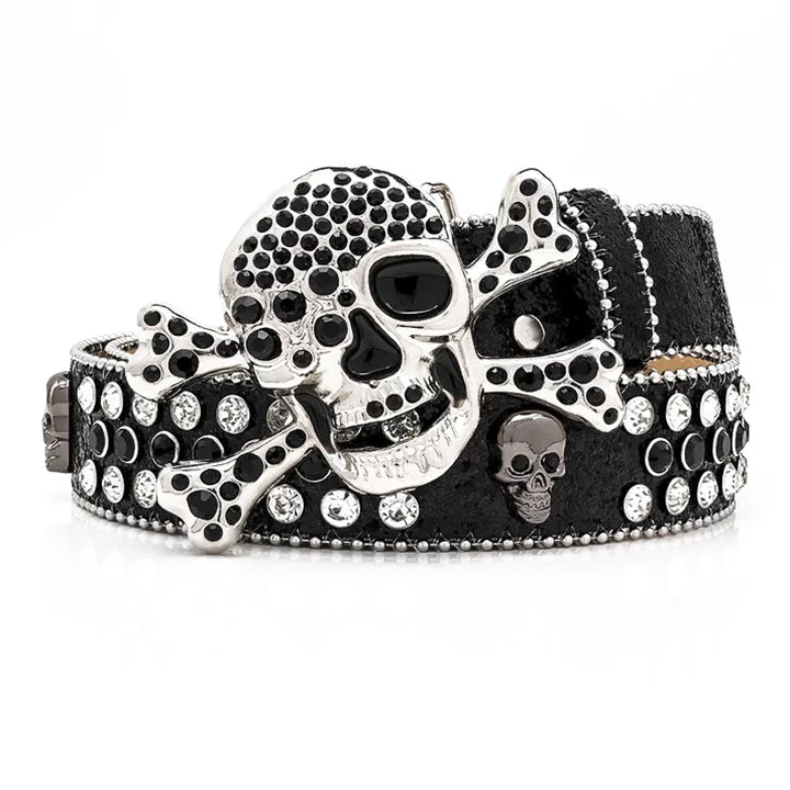 Skull Buckle Black Strap Belt with Black and White Studded Rhinestones