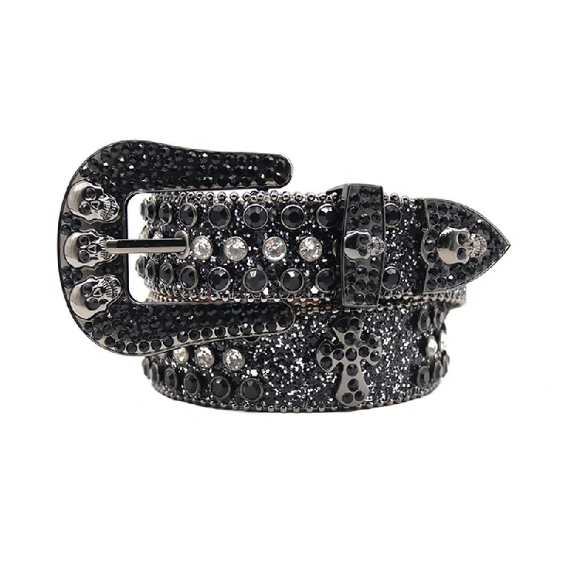 Skull Buckle Black Strap With Black & Crystal Rhinestone Belt