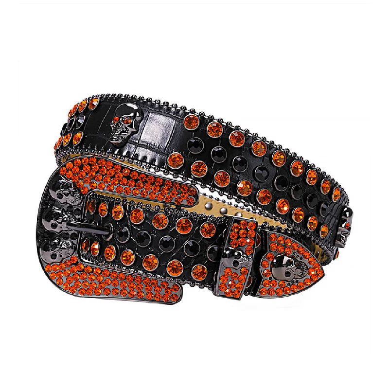 Skull Buckle Black Strap With Black & Orange Rhinestone Belt