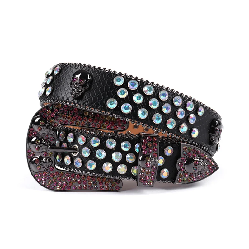 Skull Buckle Black Strap With Shiny Multi Rhinestone Belt