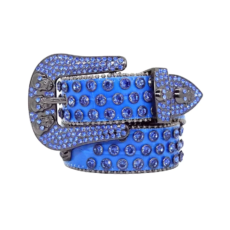 Skull Buckle Blue Strap With Blue Studded Rhinestone Belt