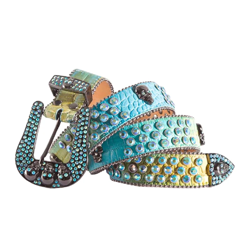 Skull Buckle Blue & Yellow Strap With Crystal Multi Rhinestone Belt