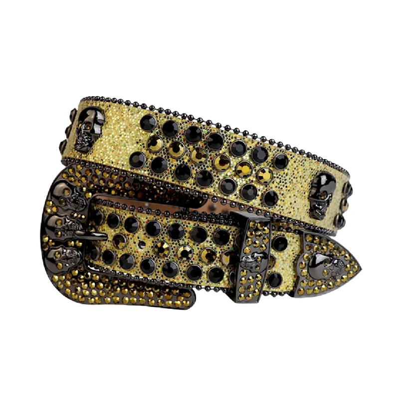 Skull Buckle Gold Strap With Black & Gold Shiny Rhinestone Belt