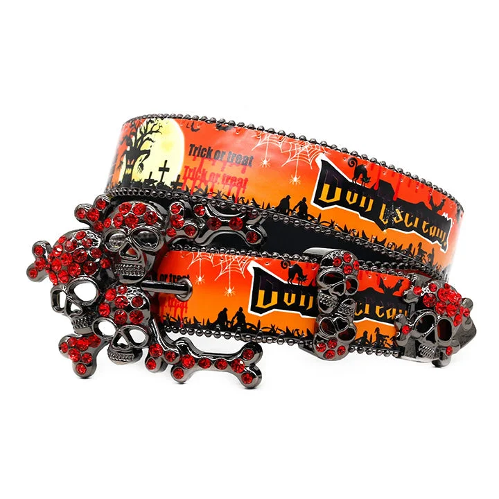 Skull Buckle Halloween Strap Belt with Red Studded Rhinestones