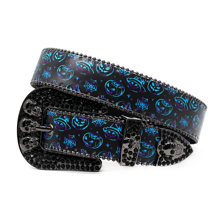 Skull Buckle Halloween Strap Belt with Black Studded Rhinestones