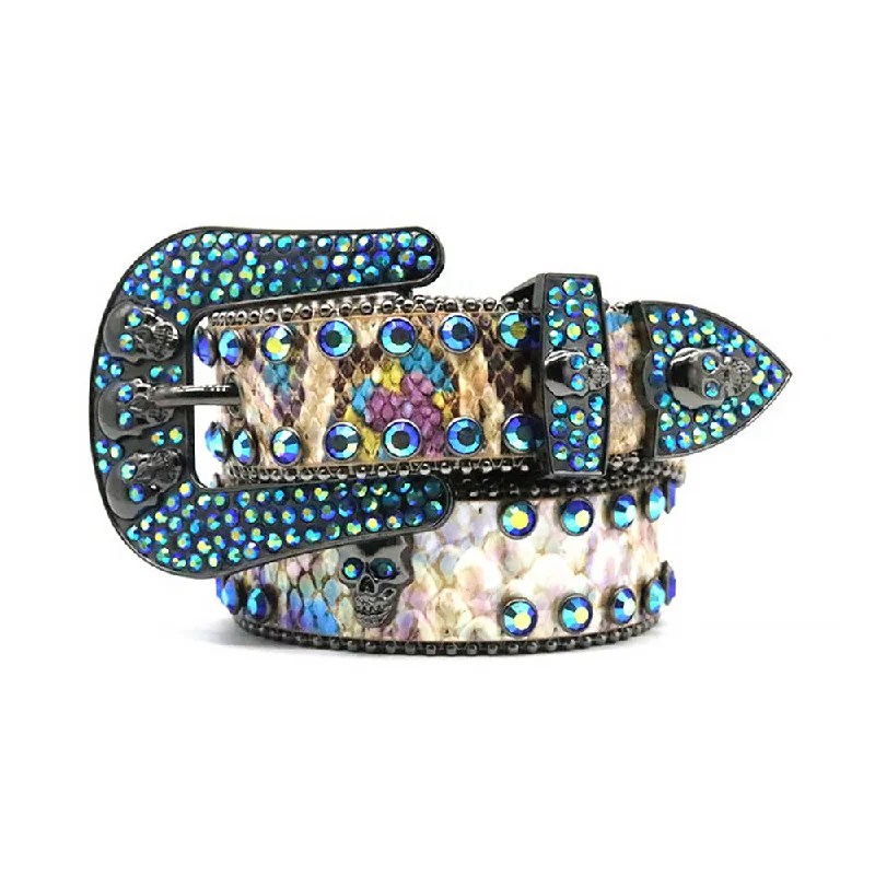 Skull Buckle Multi Strap With Blue & Multi Rhinestone Belt