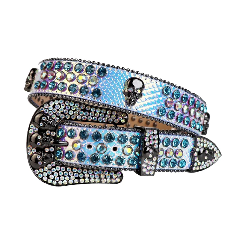 Skull Buckle Multi Strap With Blue & Multi Rhinestone Belt