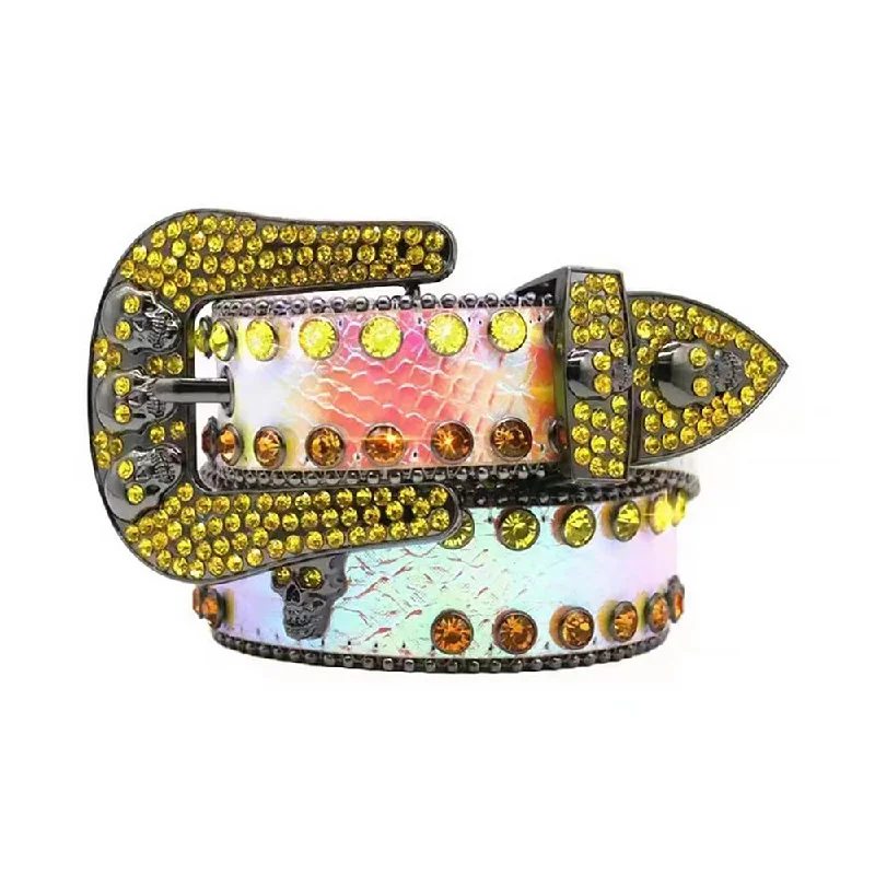 Skull Buckle Multi Strap With Yellow & Gold Rhinestone Belt