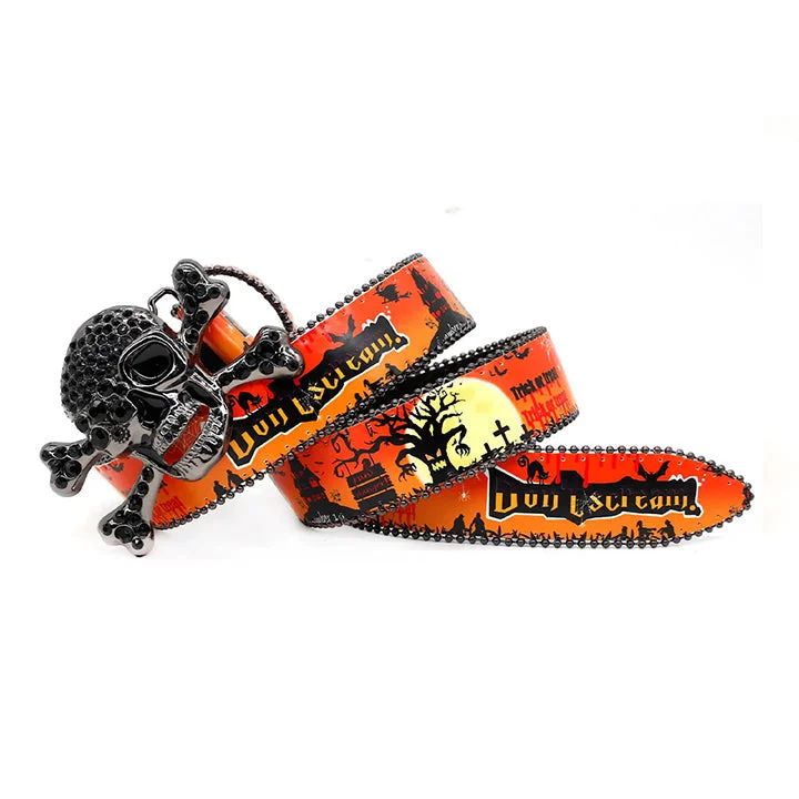 Skull Buckle Orange Strap Halloween Belt with Rhinestones