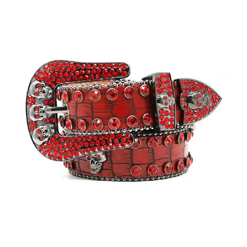 Skull Buckle Pattern Red Strap With Red Rhinestone Belt