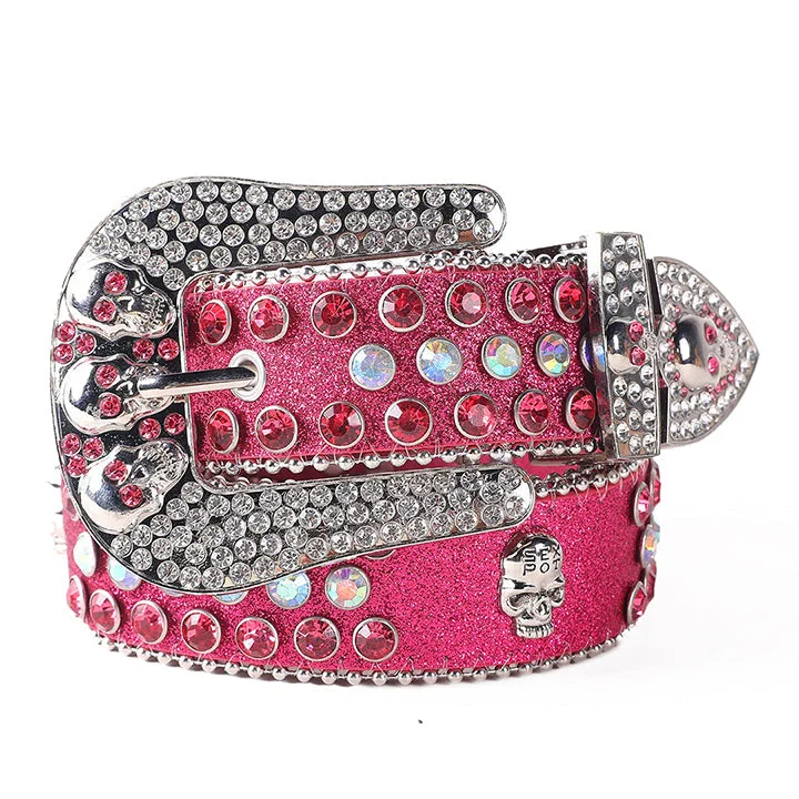 Skull Buckle Pink Shiny Strap Belt with Crystal Studded Rhinestones