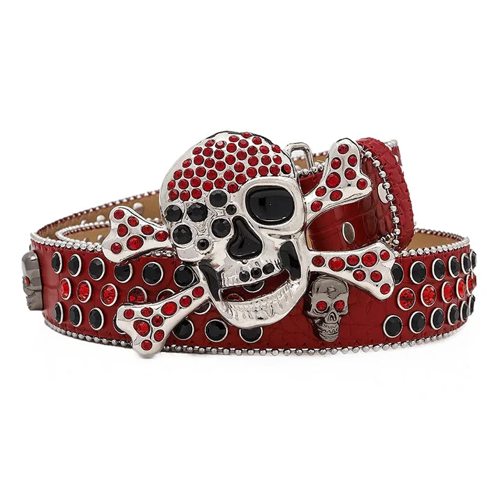 Skull Buckle Red Strap Belt with Black and Red Studded Rhinestones