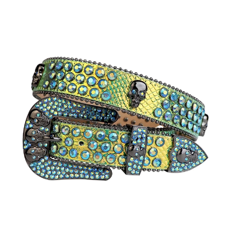 Skull Buckle Shiny Gold Strap With Multi Rhinestone Belt