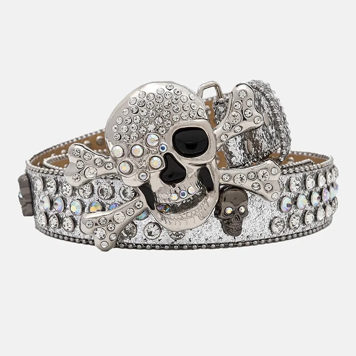 Skull Buckle Silver Shiny Strap With Crystal Studded Rhinestone Belt