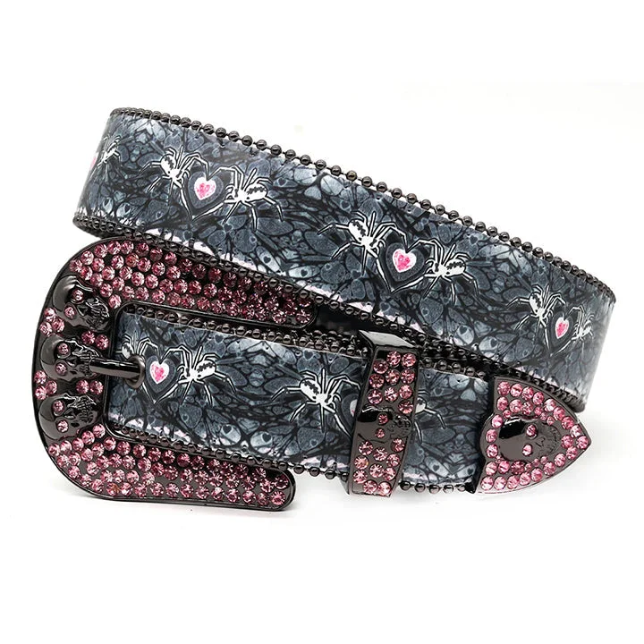 Skull Buckle Spider Strap Belt with Pink Studded Rhinestones