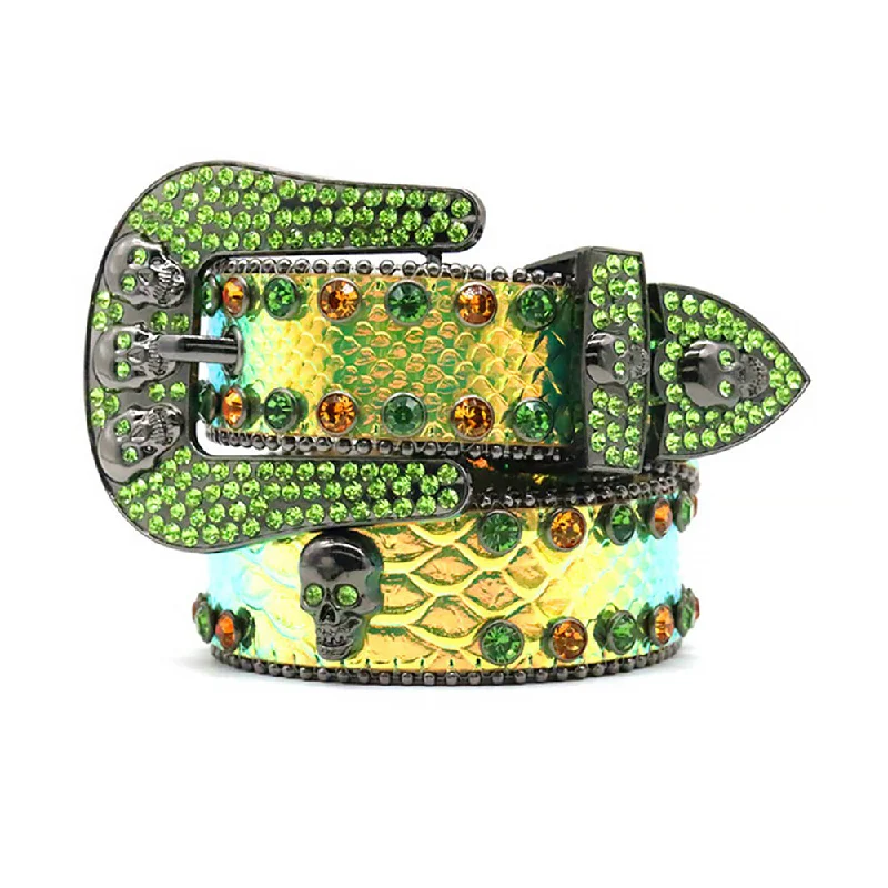 Skull Green Strap With Green & Gold Shiny Rhinestone Belt