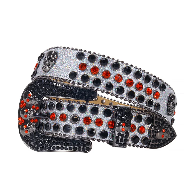 Skull Grey Glittery Strap With Black & Red Rhinestone Belt