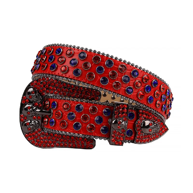 Skull Red Strap With Red & Blue Studded Rhinestone Belt