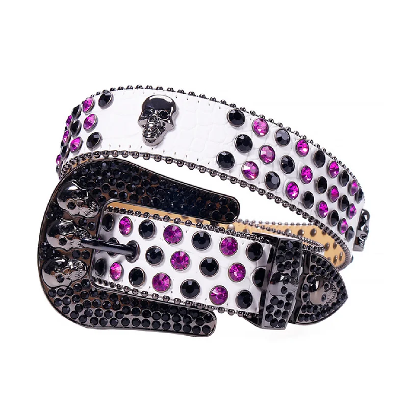 Skull White Strap With Purple & Black Rhinestone Belt