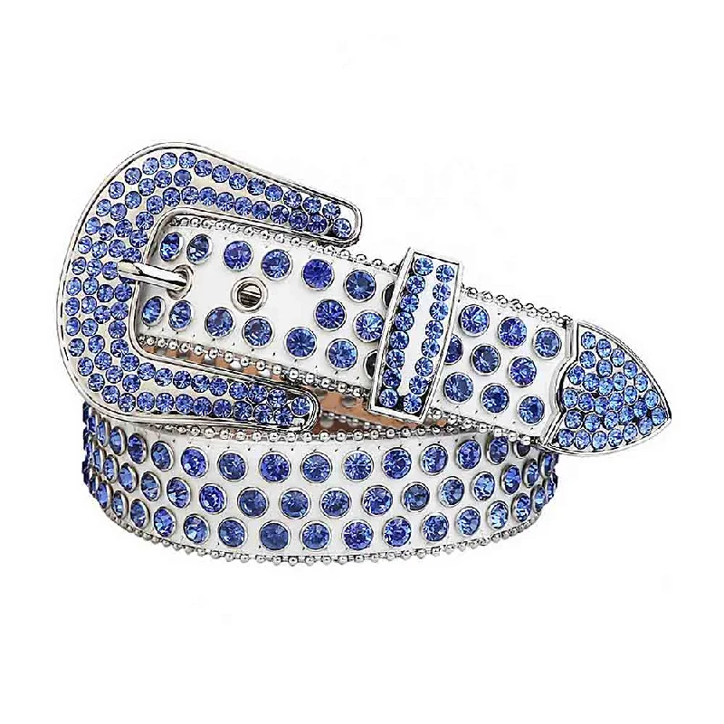 Sparkle White Leather Belt With Blue Rhinestones And Silver Buckle