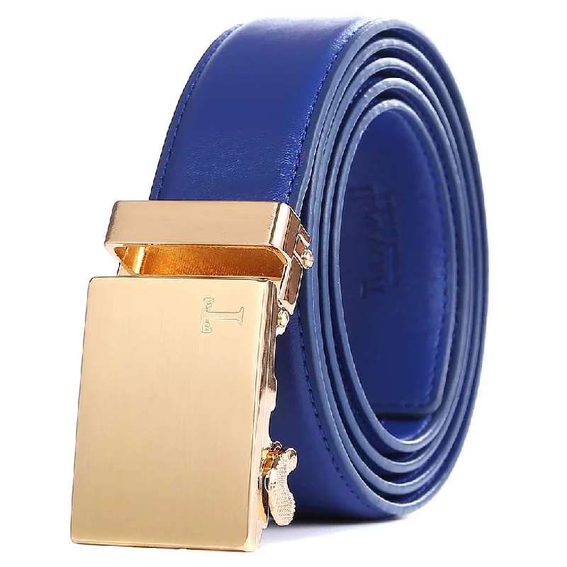 blue belt with gold buckle