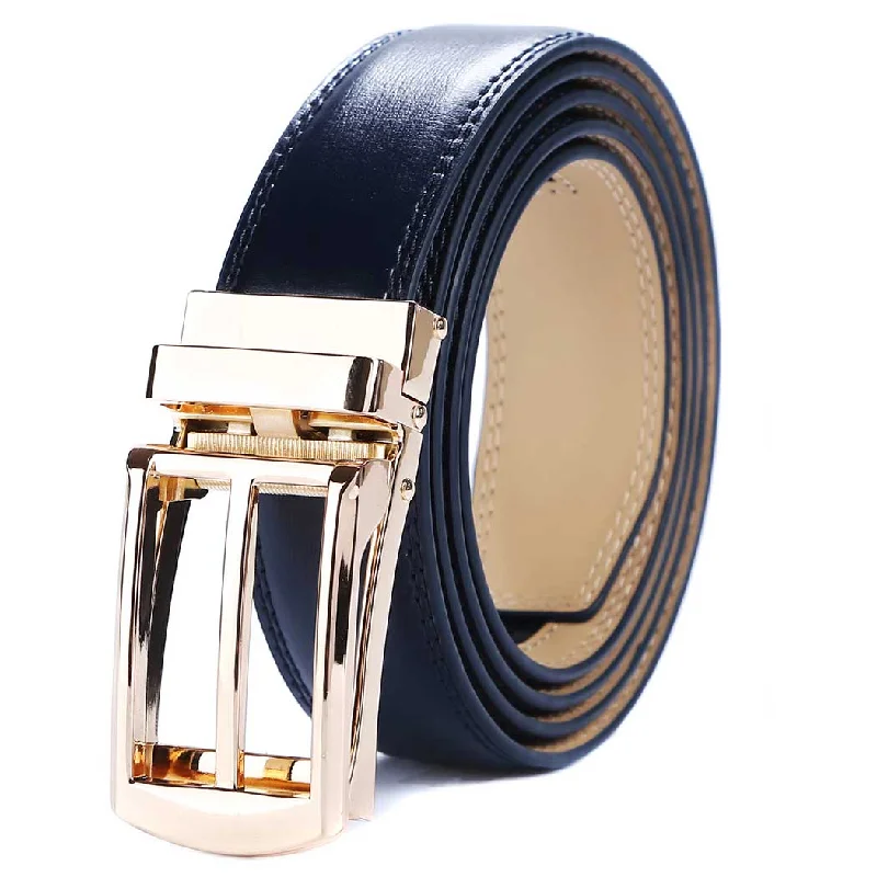 dark blue belt with gold buckle