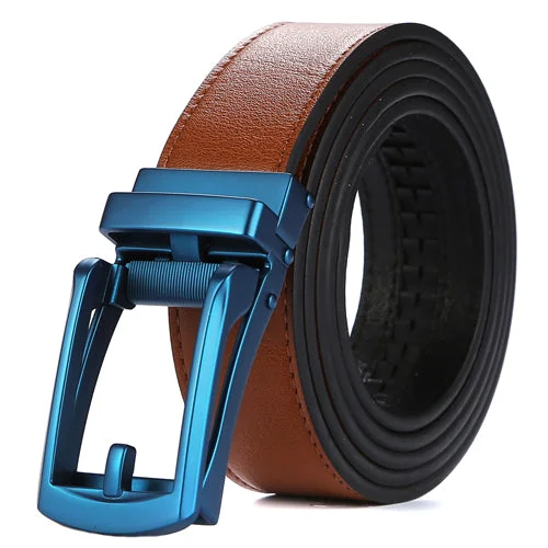 tan belt with blue buckle