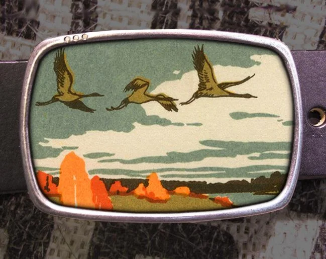 Vintage Flying Geese Leather Belt Buckle - Offset Screen Print Duck Hunting Gift