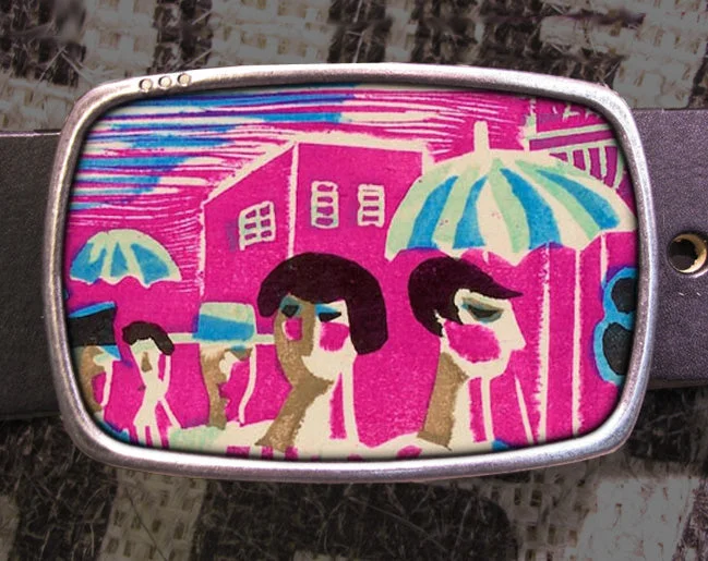 Vintage French Pink Umbrella Ladies Belt Buckle - Antique Print - Amalfi Coast - Summer