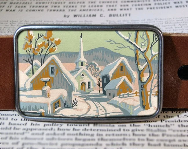 Vintage Paint By Number Painting Belt Buckle Christmas Winter Snow Vintage Ochre Teal Photograph Belt Buckle    Snowman