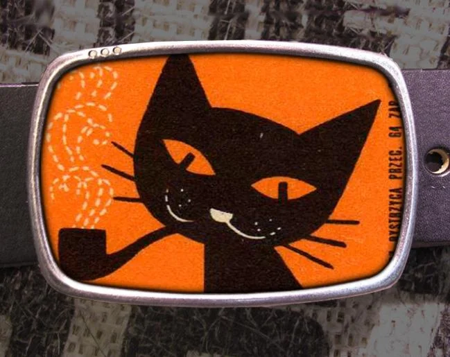 Vintage Smoking Black Cat Print Belt Buckle - Halloween Cat Kitty Lover Gift