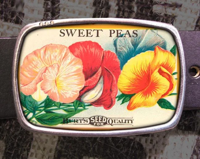 Vintage  Sweet Pea Flower Seed Advertisement Print Belt Buckle - Gardening Lover Gift