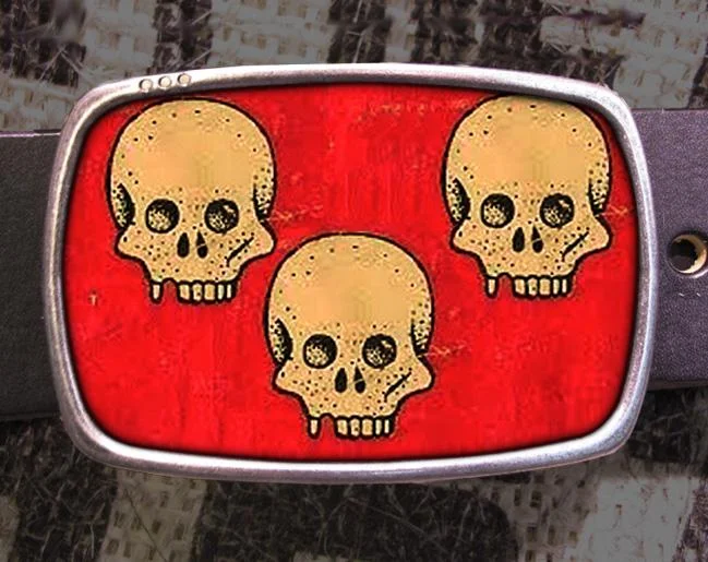 Vintage Three Skulls on Red Pattern Print Belt Buckle -  Pirate Lover Gift