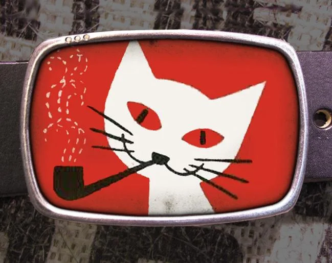 Vintage White Cat Smoking Pipe Belt Buckle - Mod Cat Kitty Lover Gift