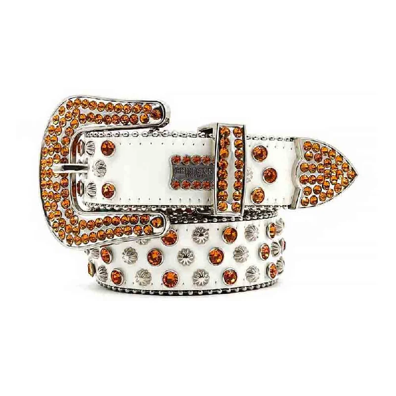 White BB Belt With Golden Crystal Rhinestone