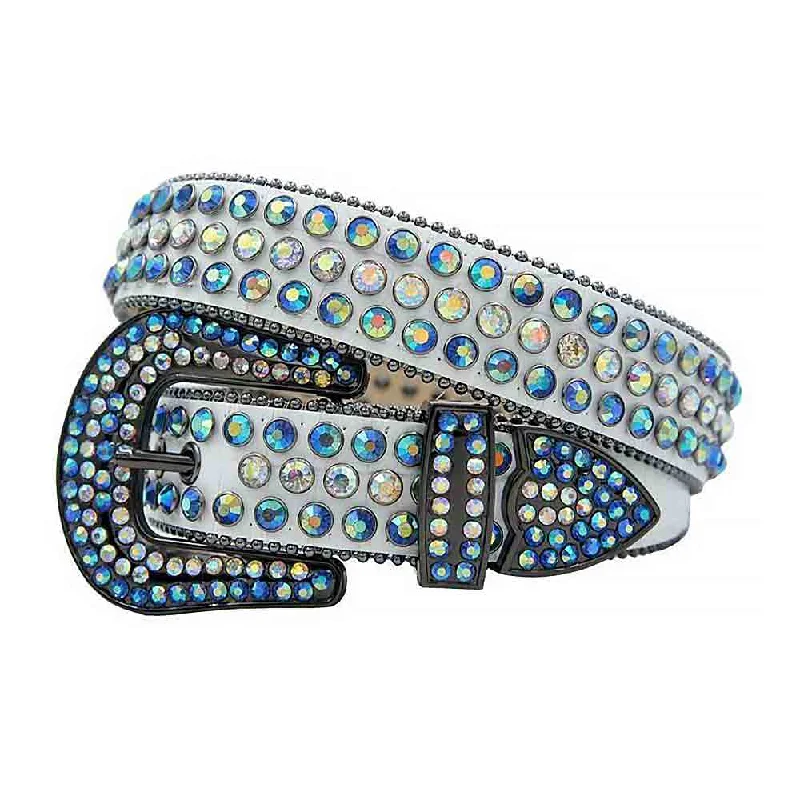 White Strap With Blue & Multi Color Studded Rhinestone Belt