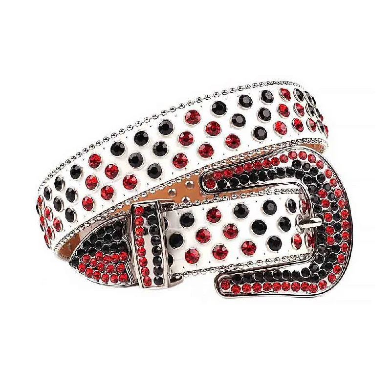 White Strap With Red & Black Studded Rhinestone Belt