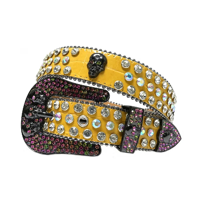 Yellow Strap Skull Buckle With Crystal & Multi Studded Rhinestone Belt